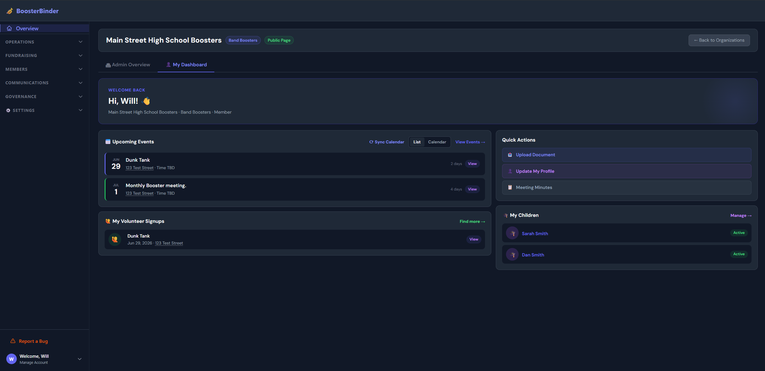 BoosterBinder dashboard screenshot – dark mode
